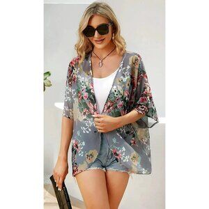 Women'S Floral Print Puff Sleeve Kimono shawl cover up blouse 3X NWT *READ*